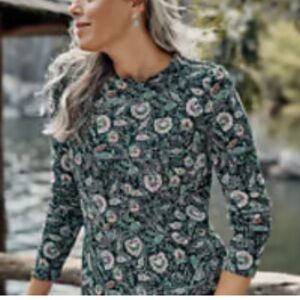 J Jill high neck green paisley cottagecore boho long sleeve cotton woman tee S